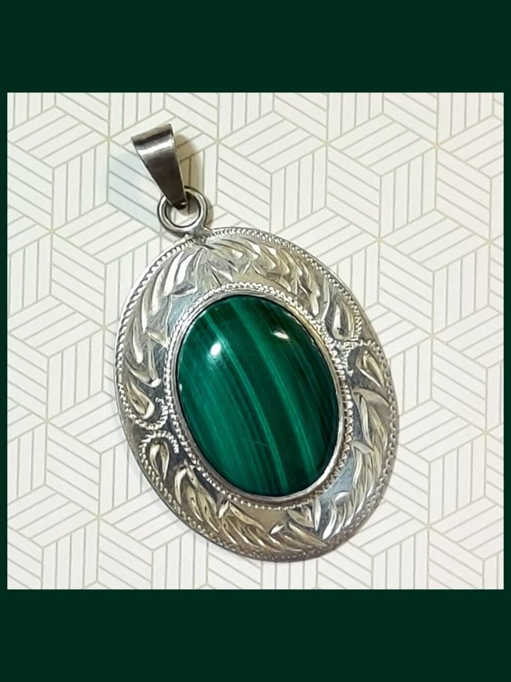 Vintage Taxco Mexico 925 Sterling Silver Malachite Pendant TR-159 22g Large Oval